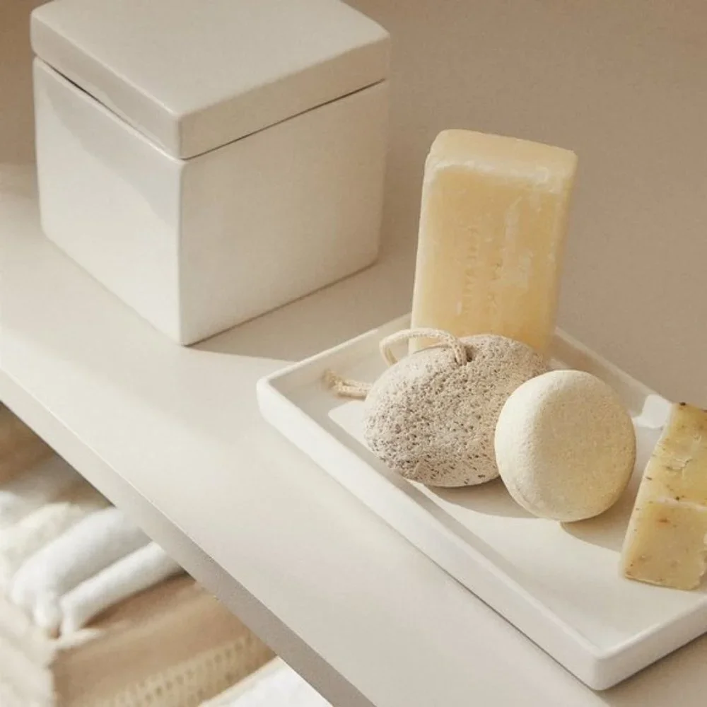 NEW Zara Home 3 Piece WHITE EARTHENWARE JAR and DISH SET